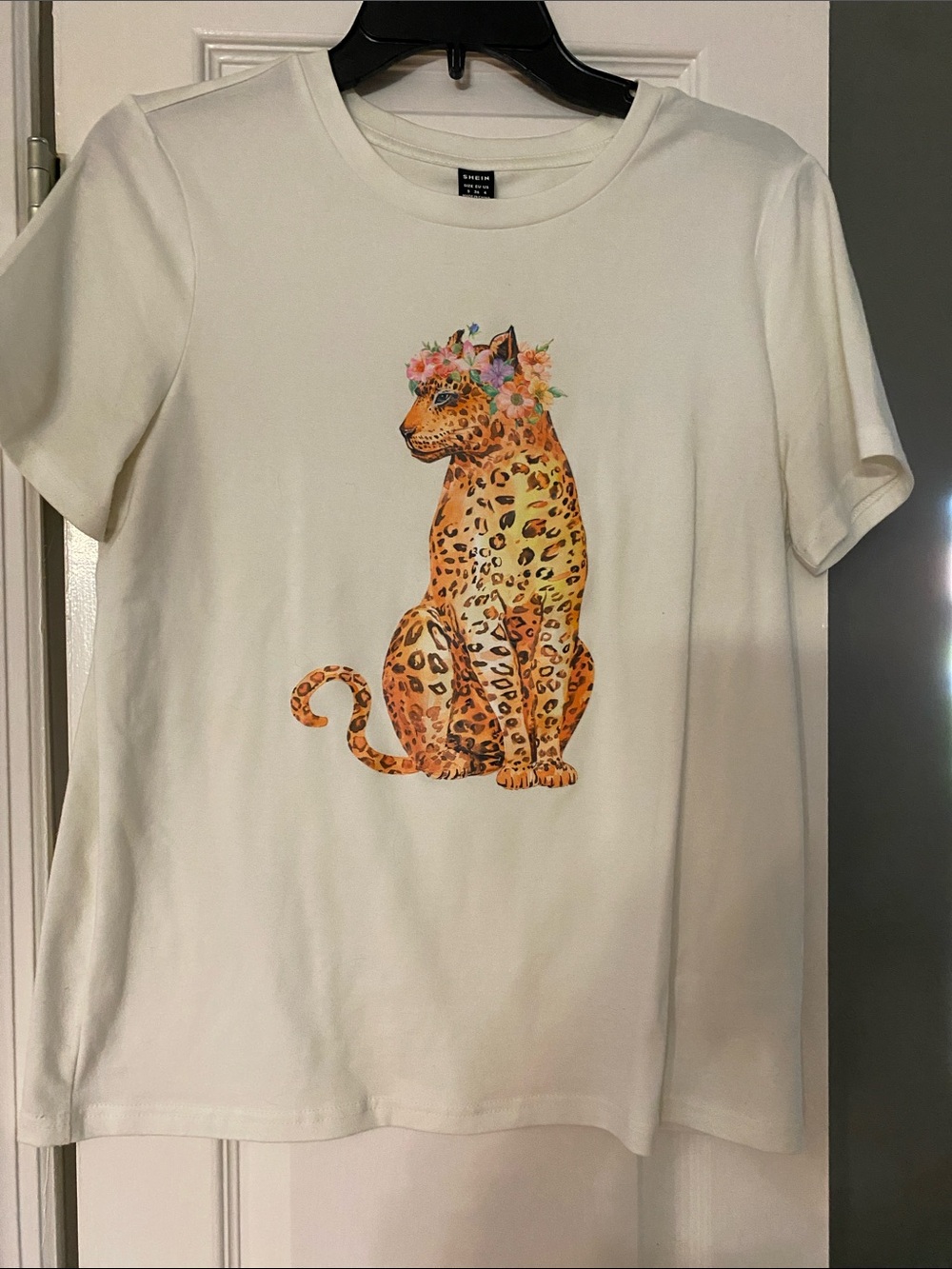 SHEIN White Tee with Floral Crown Leopard Graphic